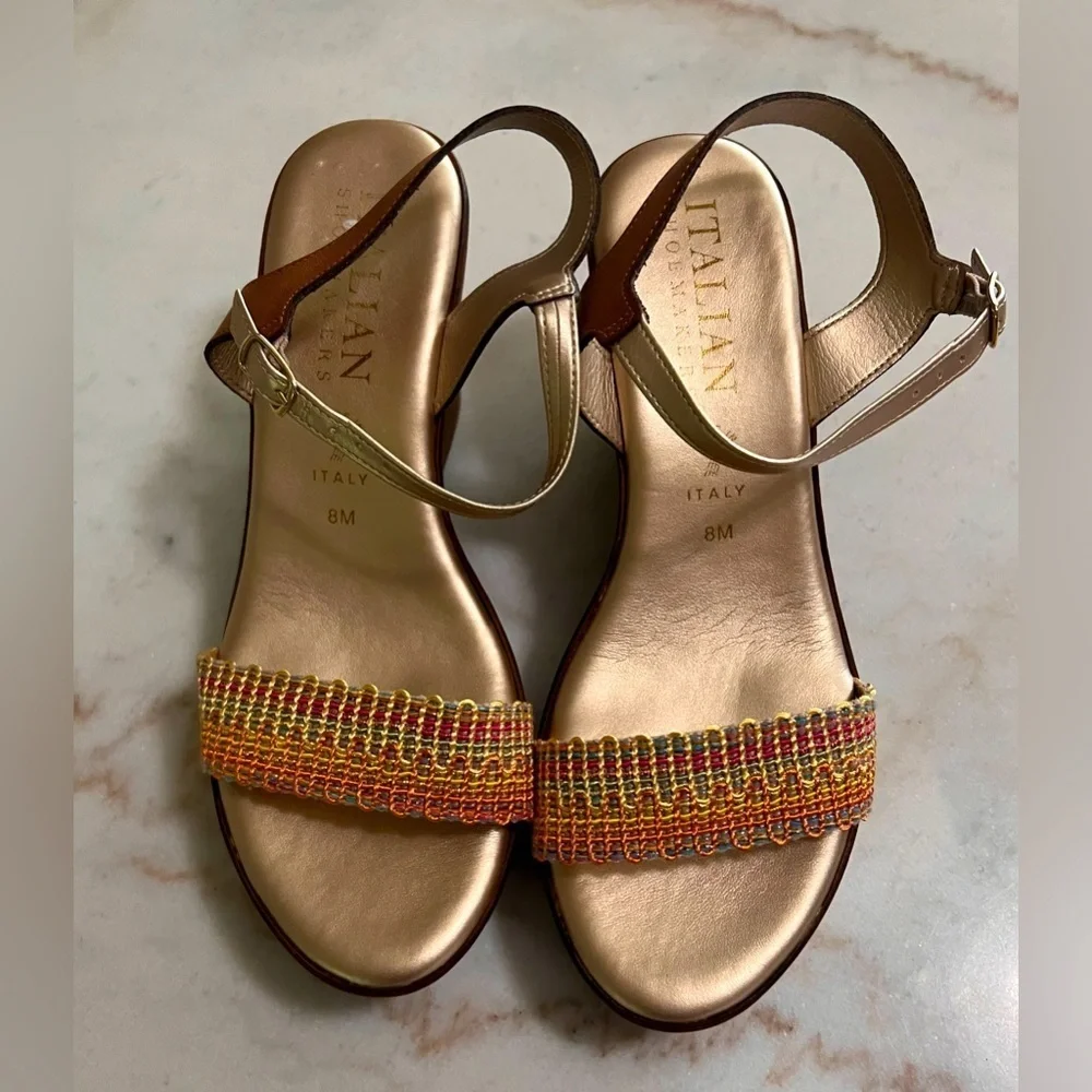 Italian Shoemakers Beaded Wedge Sandal Women 8 Ankle Strap Glam Party